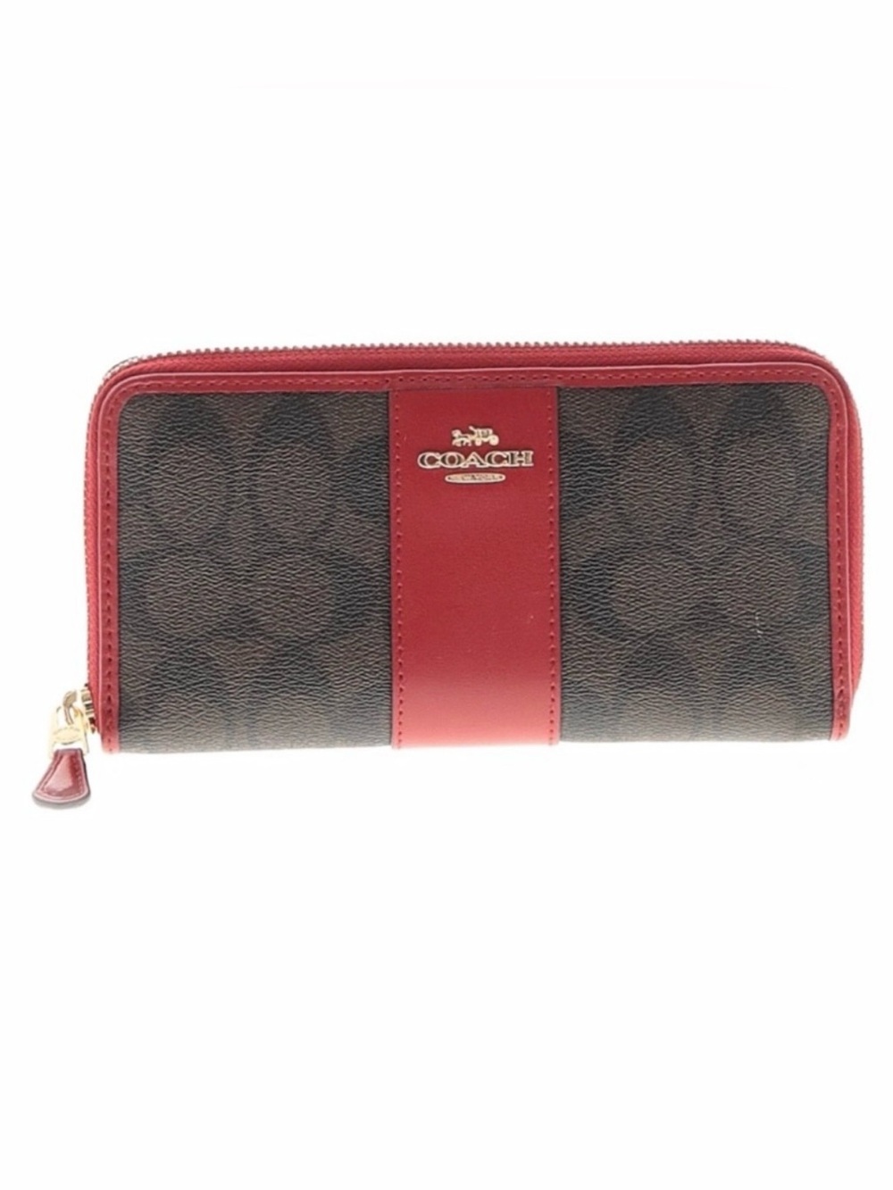 Coach Accordion Zip Wallet in Signature Canvas with Red Leather Stripe